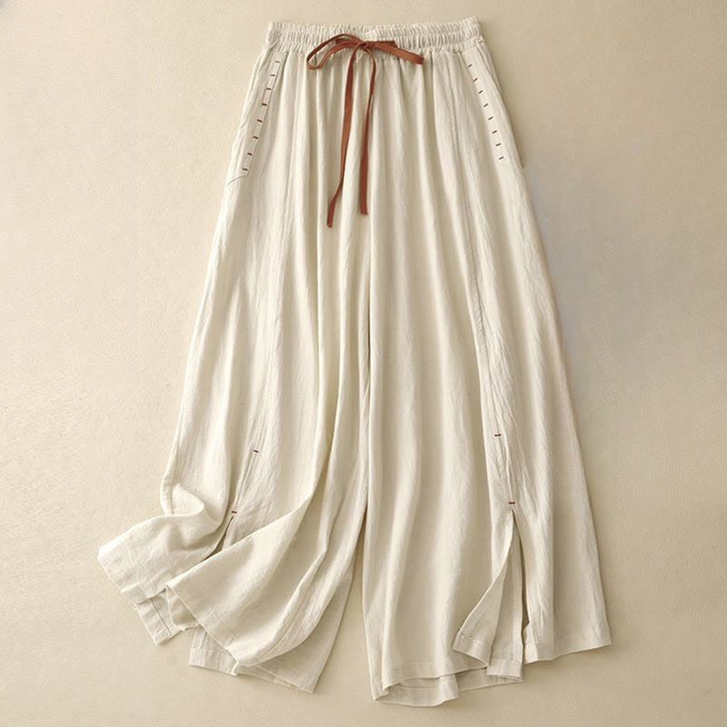 Casual Simple Design Drawstring Split Cotton Linen Women's Wide Leg Pants With Pockets