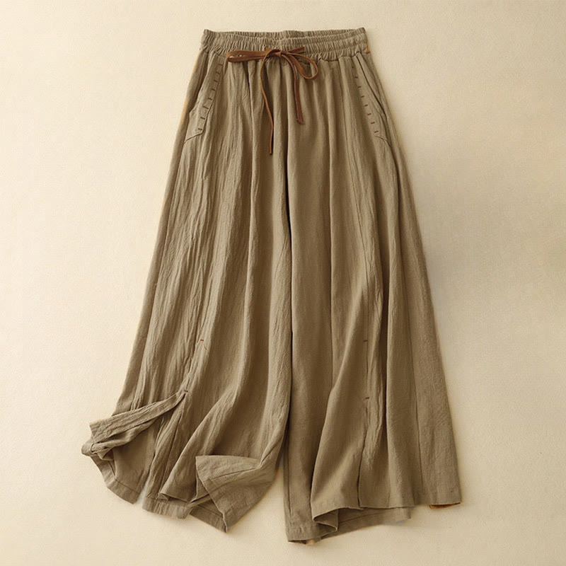 Casual Simple Design Drawstring Split Cotton Linen Women's Wide Leg Pants With Pockets