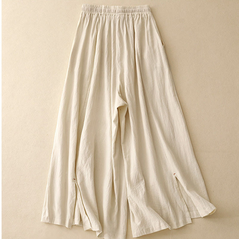 Casual Simple Design Drawstring Split Cotton Linen Women's Wide Leg Pants With Pockets