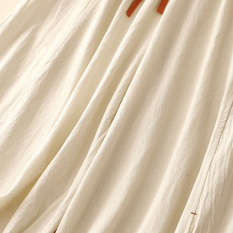 Casual Simple Design Drawstring Split Cotton Linen Women's Wide Leg Pants With Pockets