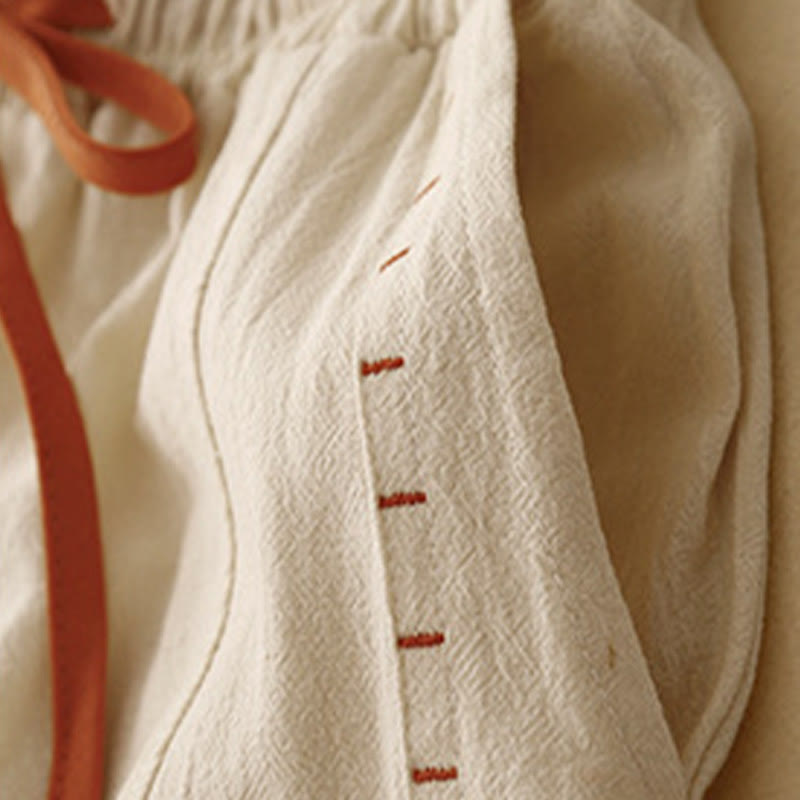 Casual Simple Design Drawstring Split Cotton Linen Women's Wide Leg Pants With Pockets