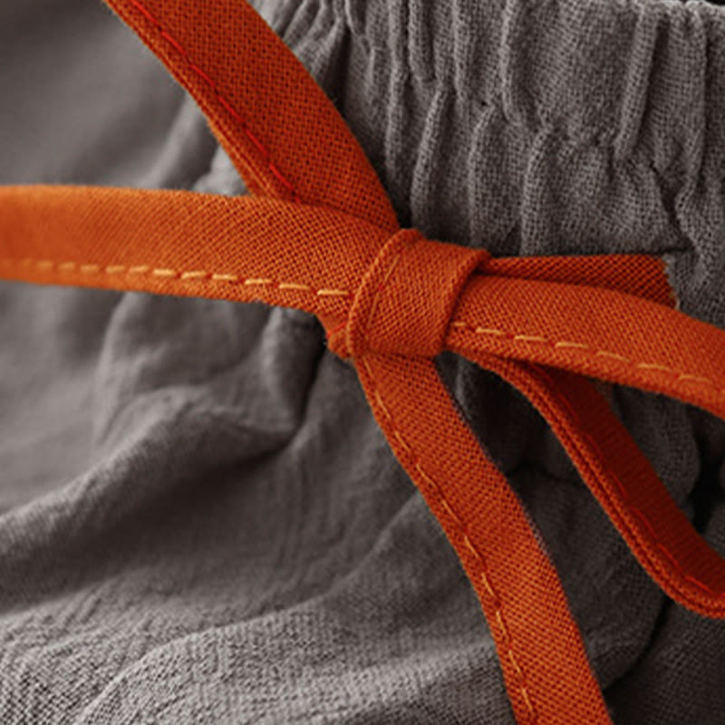 Casual Simple Design Drawstring Split Cotton Linen Women's Wide Leg Pants With Pockets