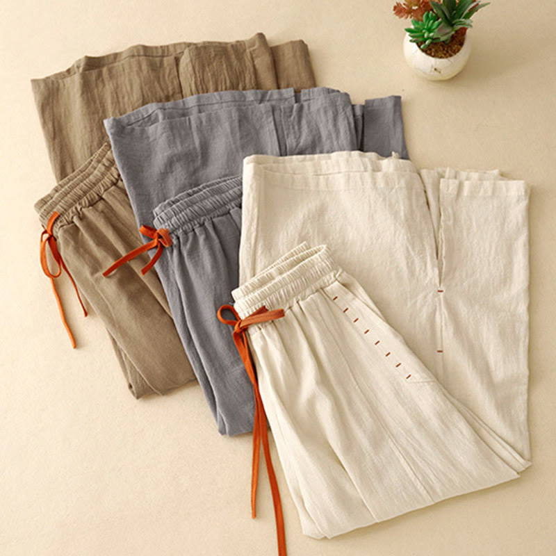 Casual Simple Design Drawstring Split Cotton Linen Women's Wide Leg Pants With Pockets