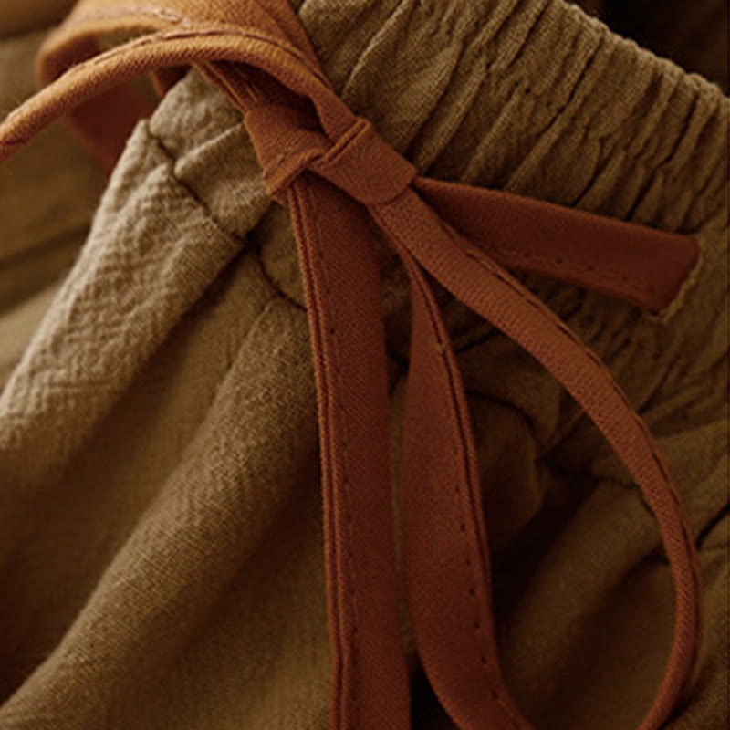 Casual Simple Design Drawstring Split Cotton Linen Women's Wide Leg Pants With Pockets