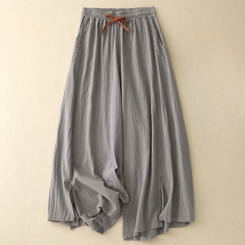 Casual Simple Design Drawstring Split Cotton Linen Women's Wide Leg Pants With Pockets