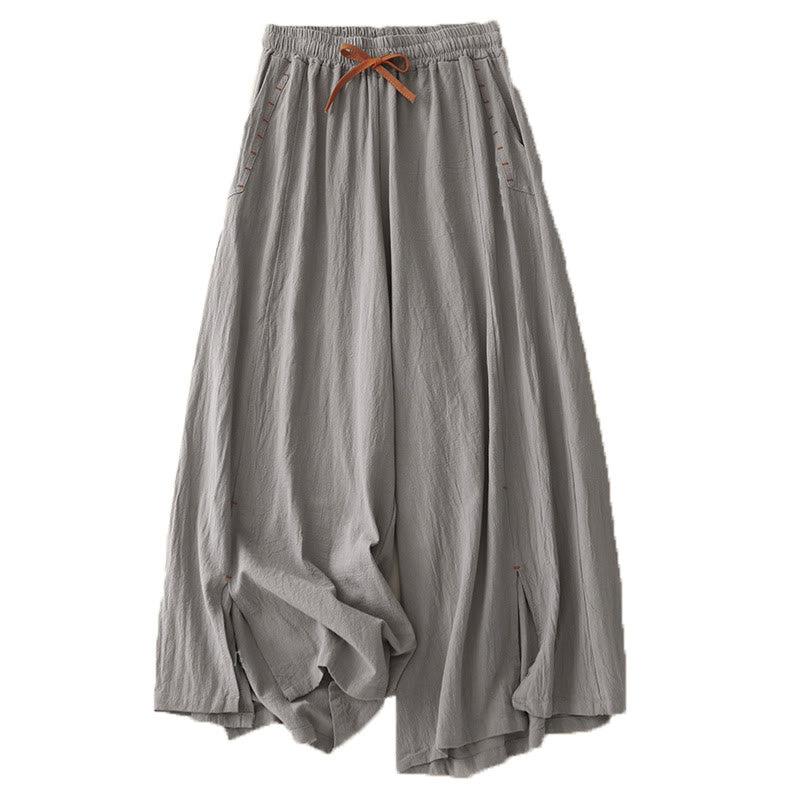 Casual Simple Design Drawstring Split Cotton Linen Women's Wide Leg Pants With Pockets