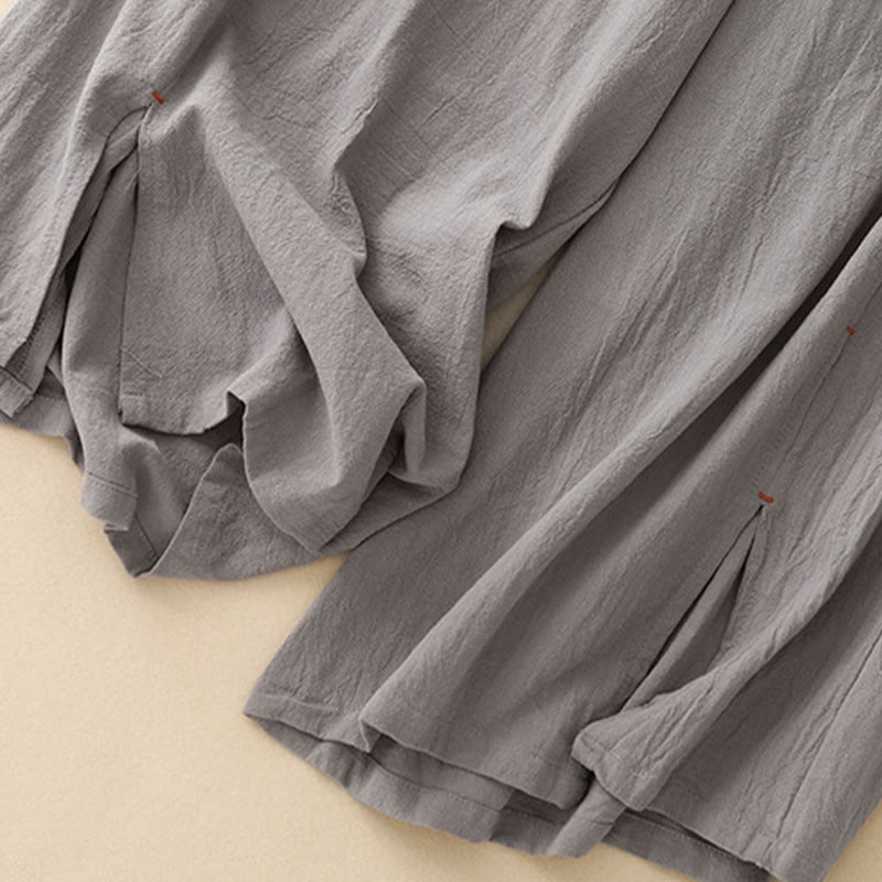 Casual Simple Design Drawstring Split Cotton Linen Women's Wide Leg Pants With Pockets
