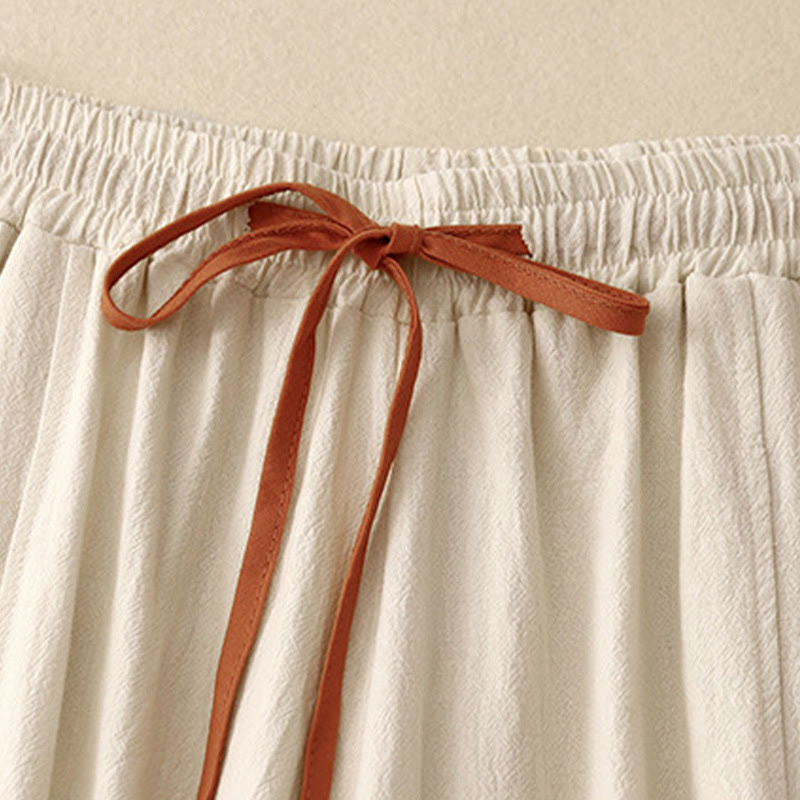Casual Simple Design Drawstring Split Cotton Linen Women's Wide Leg Pants With Pockets