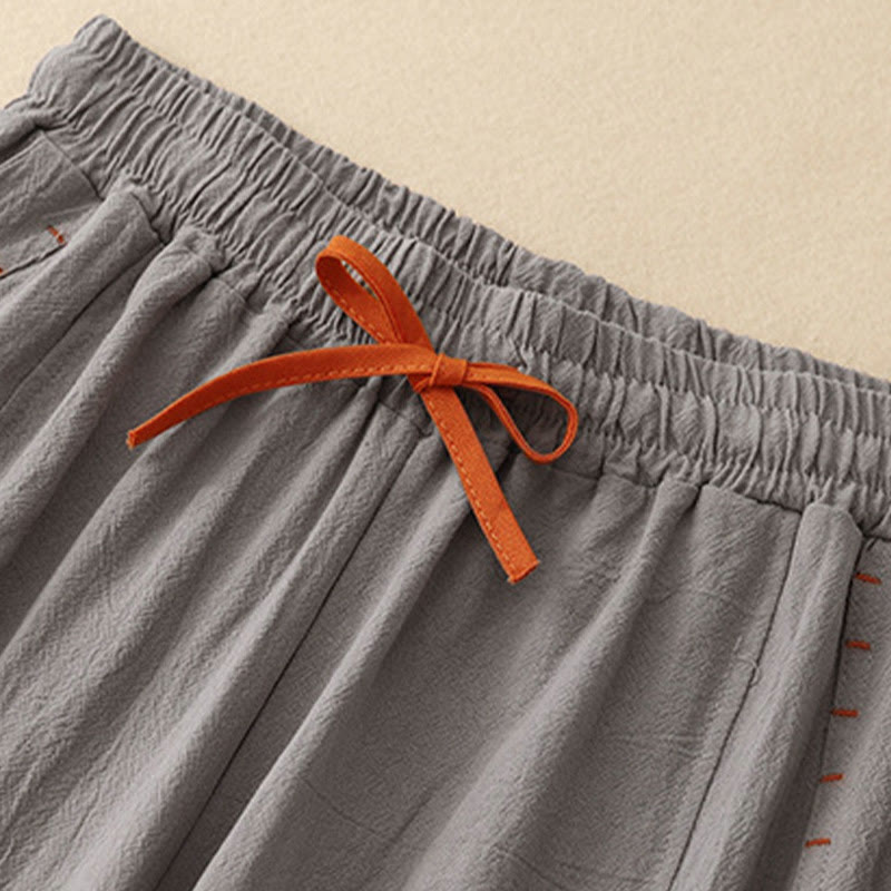 Casual Simple Design Drawstring Split Cotton Linen Women's Wide Leg Pants With Pockets