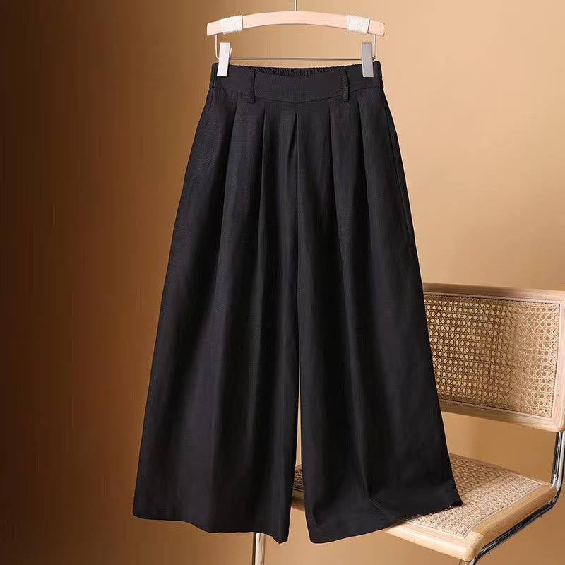 Summer Casual Pure Color 7-8 Length Cotton Linen Women's Wide Leg Pants