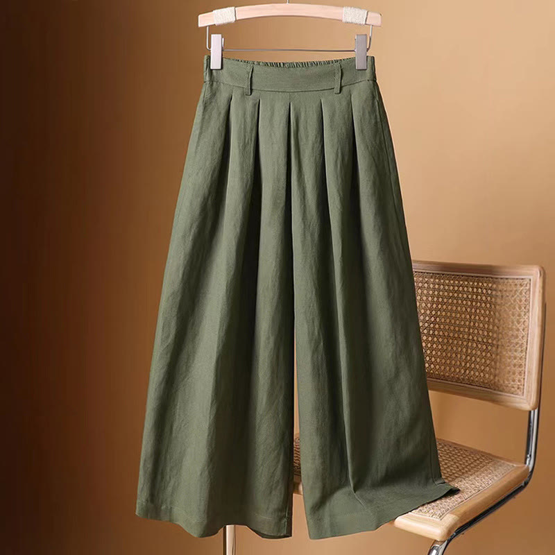 Summer Casual Pure Color 7-8 Length Cotton Linen Women's Wide Leg Pants