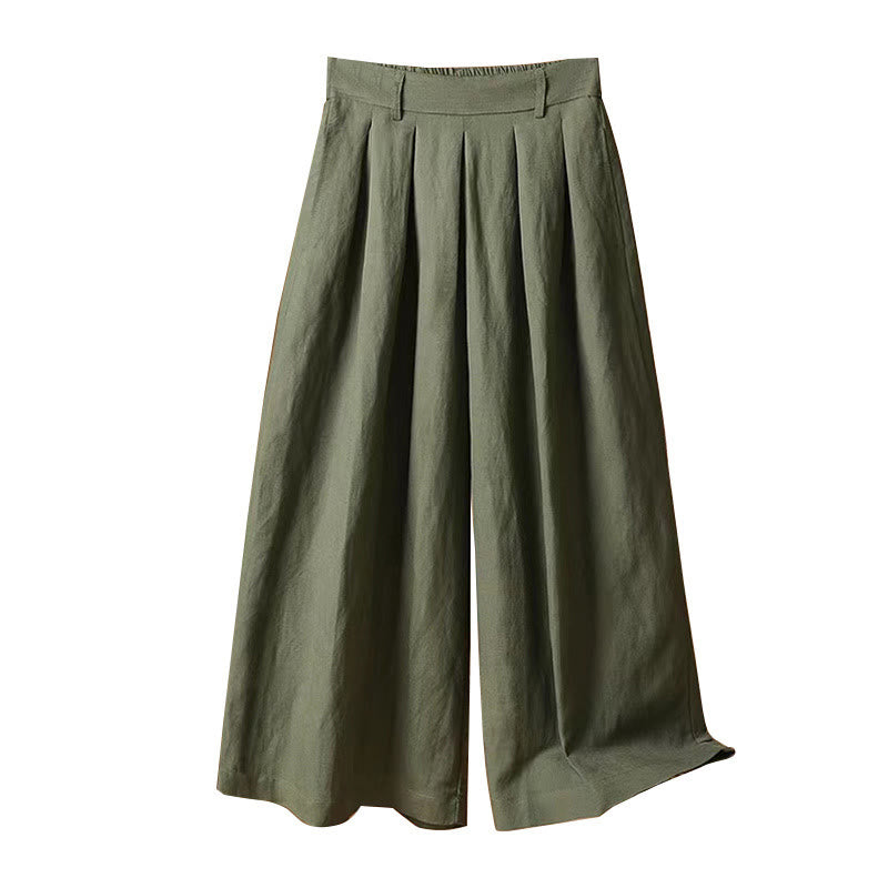 Summer Casual Pure Color 7-8 Length Cotton Linen Women's Wide Leg Pants