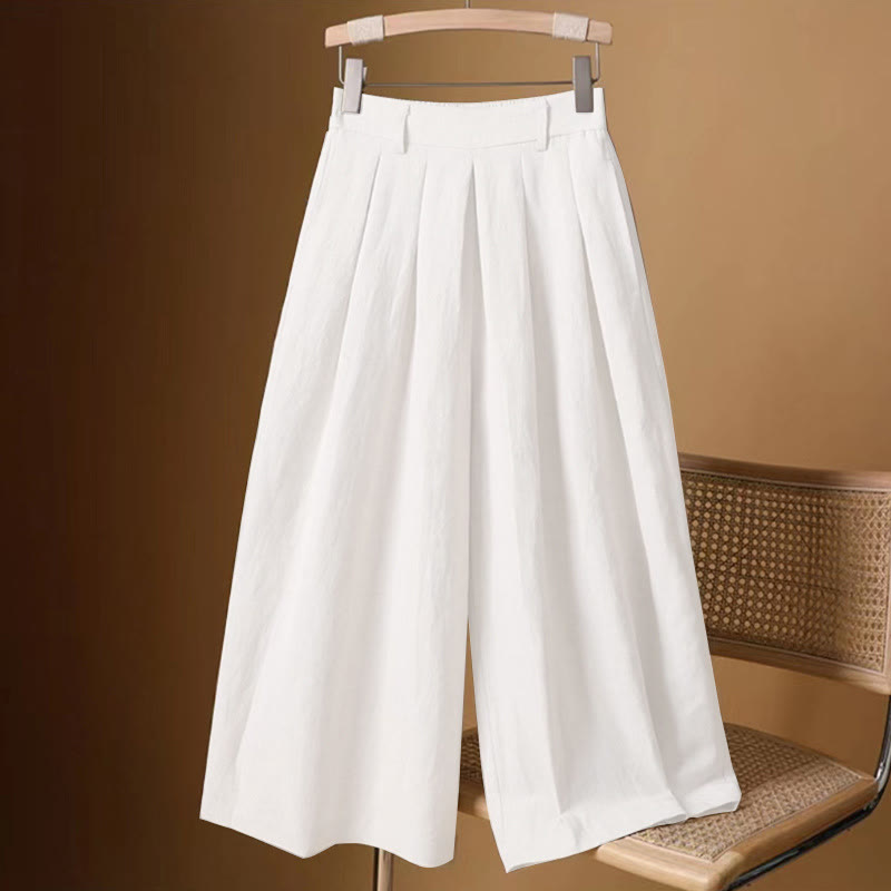 Summer Casual Pure Color 7-8 Length Cotton Linen Women's Wide Leg Pants