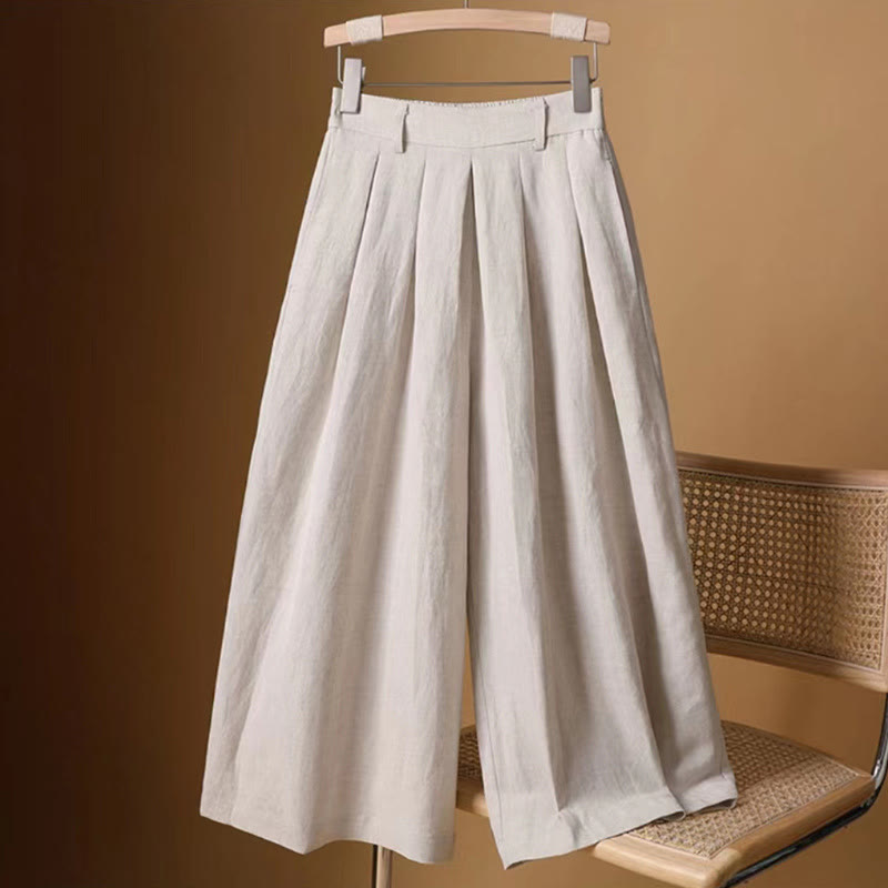 Summer Casual Pure Color 7-8 Length Cotton Linen Women's Wide Leg Pants