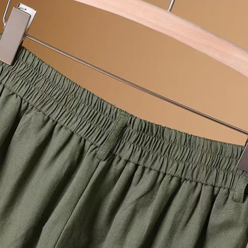 Summer Casual Pure Color 7-8 Length Cotton Linen Women's Wide Leg Pants