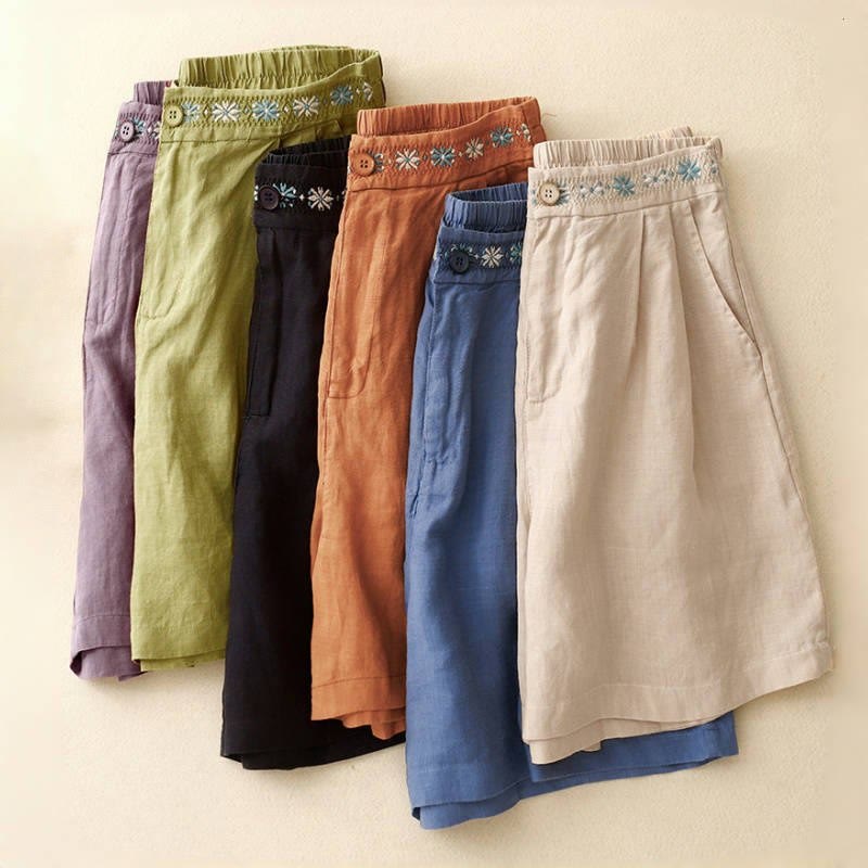 Summer Casual Embroidery Flower Pleated Zipper Button Cotton Linen Women's Shorts With Pockets