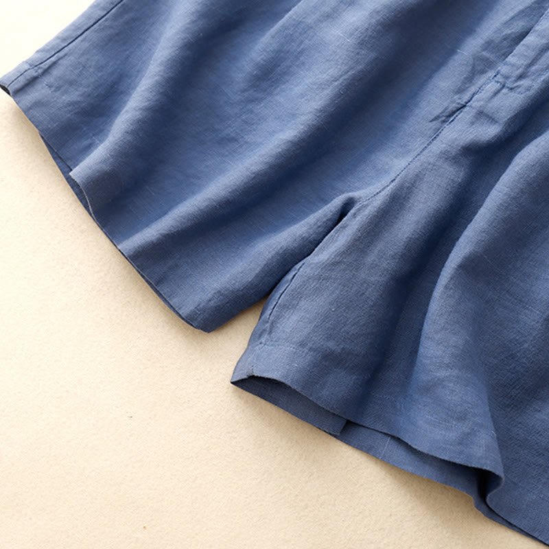 Summer Casual Embroidery Flower Pleated Zipper Button Cotton Linen Women's Shorts With Pockets