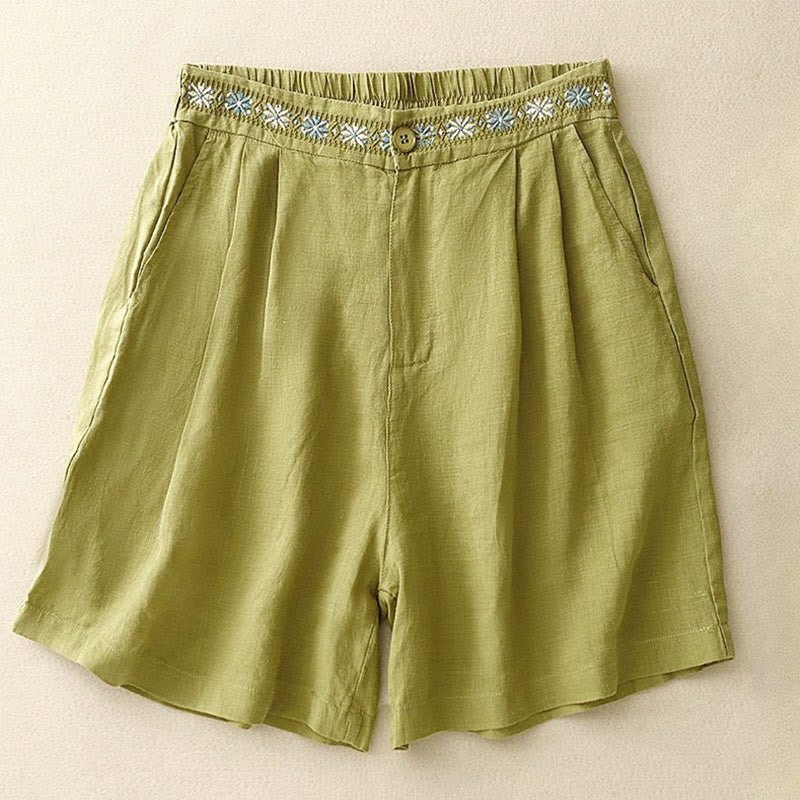 Summer Casual Embroidery Flower Pleated Zipper Button Cotton Linen Women's Shorts With Pockets