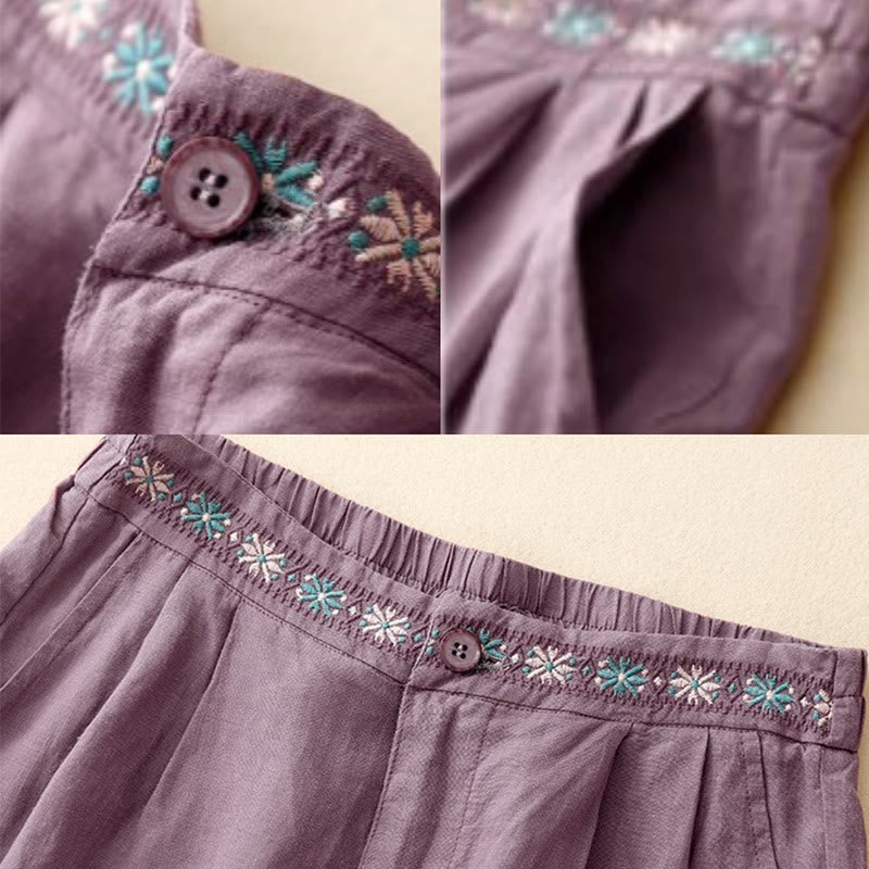 Summer Casual Embroidery Flower Pleated Zipper Button Cotton Linen Women's Shorts With Pockets