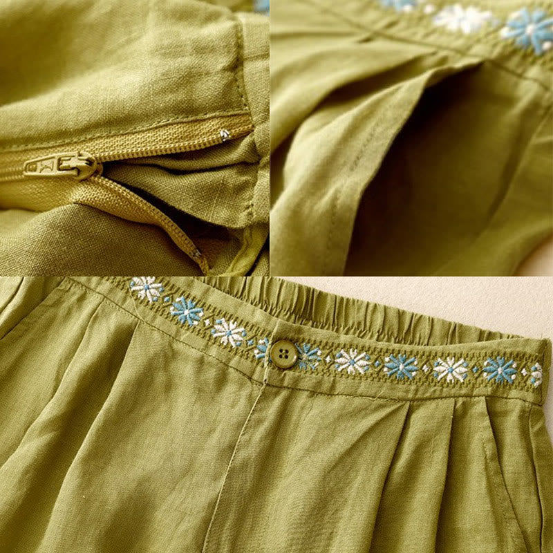 Summer Casual Embroidery Flower Pleated Zipper Button Cotton Linen Women's Shorts With Pockets