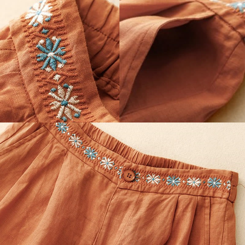 Summer Casual Embroidery Flower Pleated Zipper Button Cotton Linen Women's Shorts With Pockets