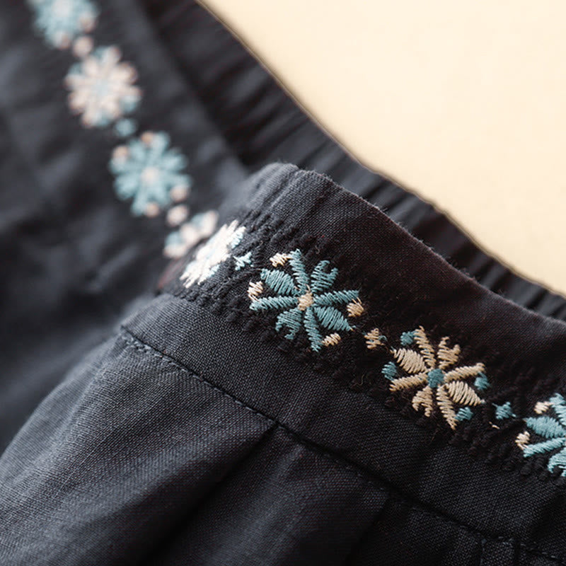 Summer Casual Embroidery Flower Pleated Zipper Button Cotton Linen Women's Shorts With Pockets
