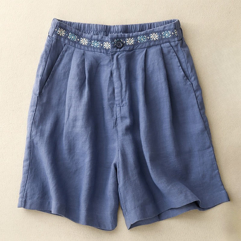 Summer Casual Embroidery Flower Pleated Zipper Button Cotton Linen Women's Shorts With Pockets