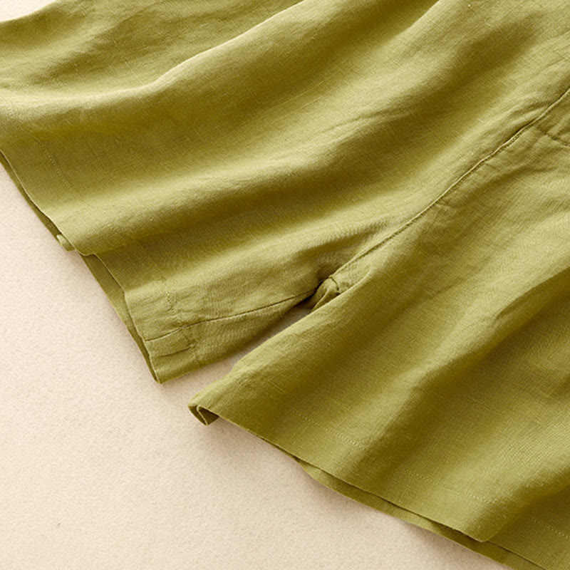 Summer Casual Embroidery Flower Pleated Zipper Button Cotton Linen Women's Shorts With Pockets