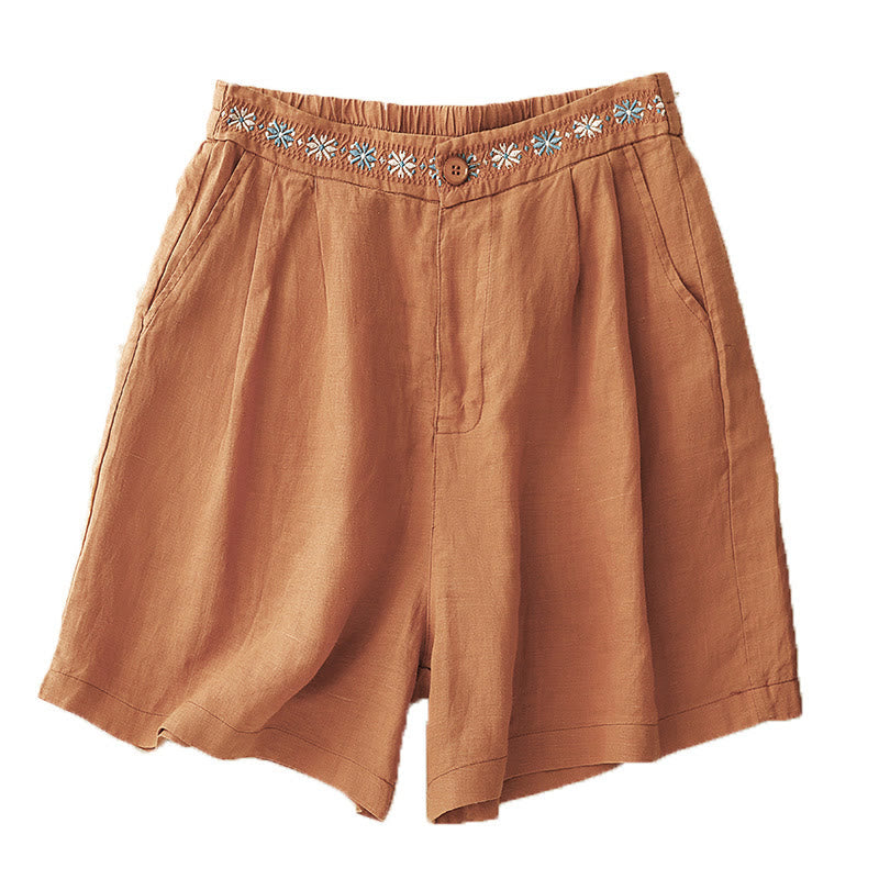 Summer Casual Embroidery Flower Pleated Zipper Button Cotton Linen Women's Shorts With Pockets