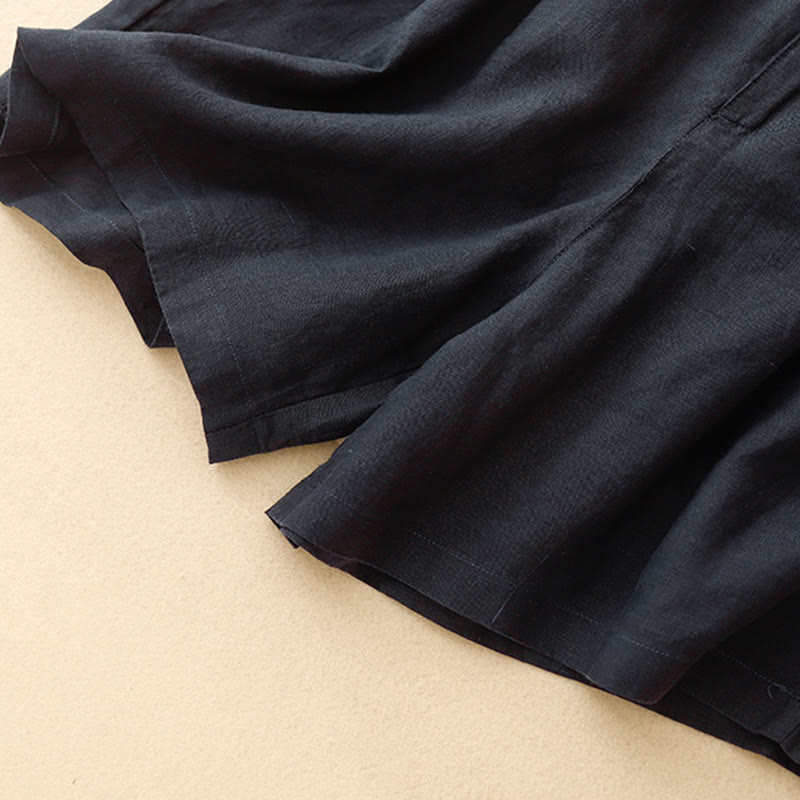 Summer Casual Embroidery Flower Pleated Zipper Button Cotton Linen Women's Shorts With Pockets