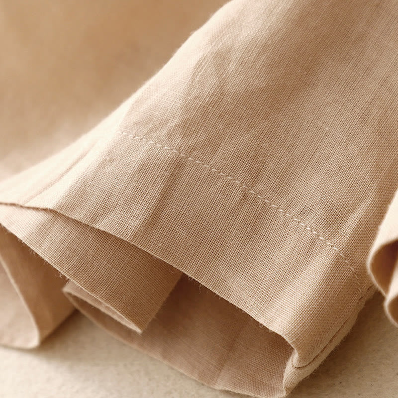 Summer Casual Embroidery Flower Pleated Zipper Button Cotton Linen Women's Shorts With Pockets