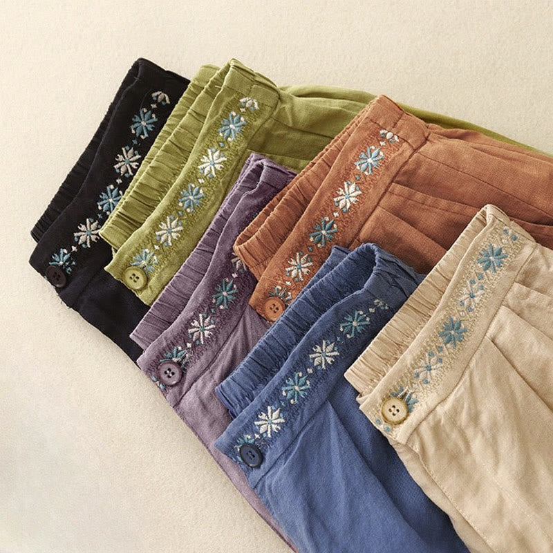 Summer Casual Embroidery Flower Pleated Zipper Button Cotton Linen Women's Shorts With Pockets