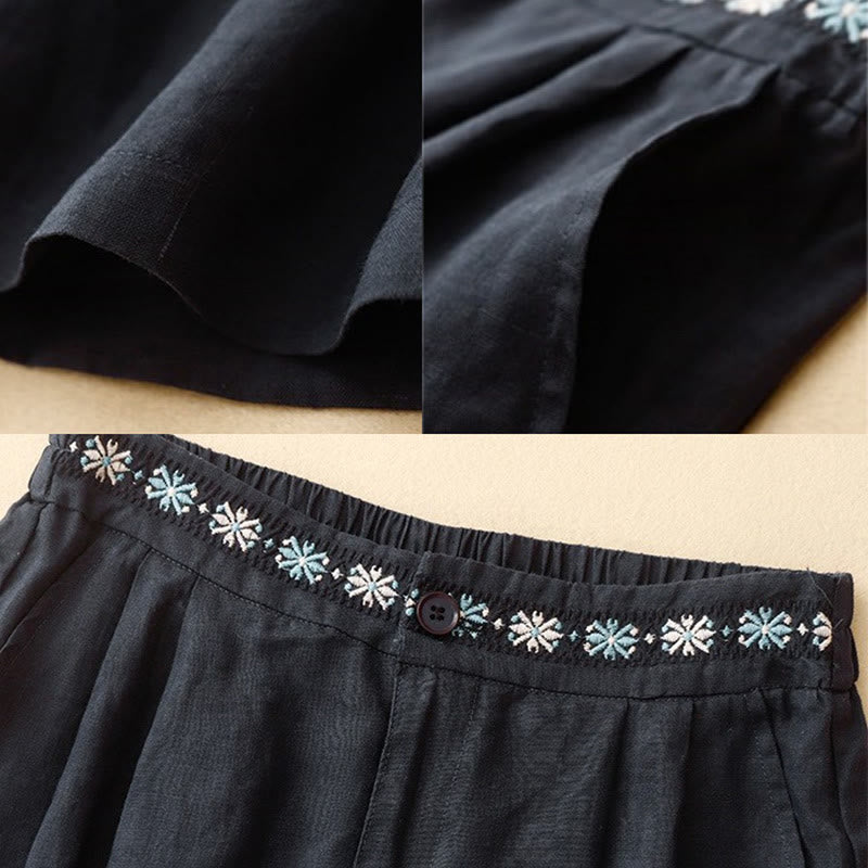 Summer Casual Embroidery Flower Pleated Zipper Button Cotton Linen Women's Shorts With Pockets
