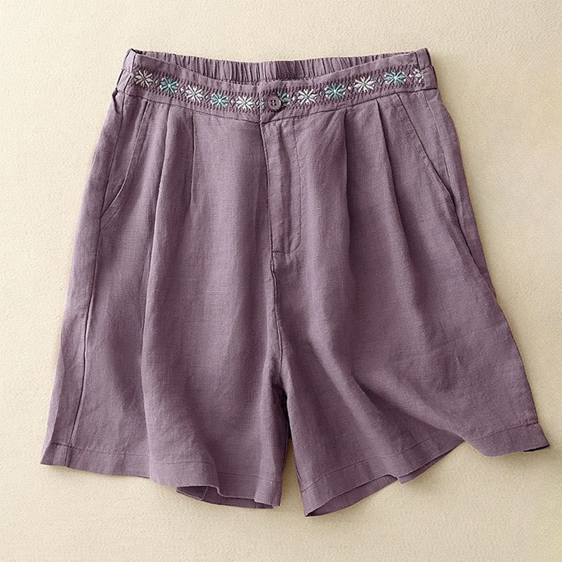 Summer Casual Embroidery Flower Pleated Zipper Button Cotton Linen Women's Shorts With Pockets