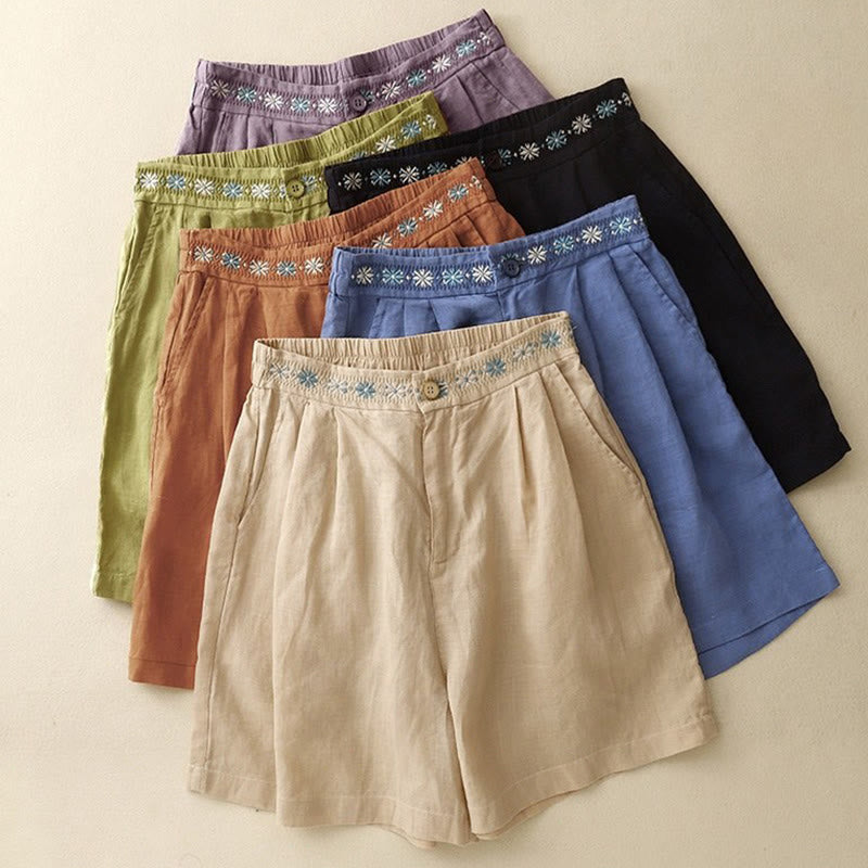 Summer Casual Embroidery Flower Pleated Zipper Button Cotton Linen Women's Shorts With Pockets