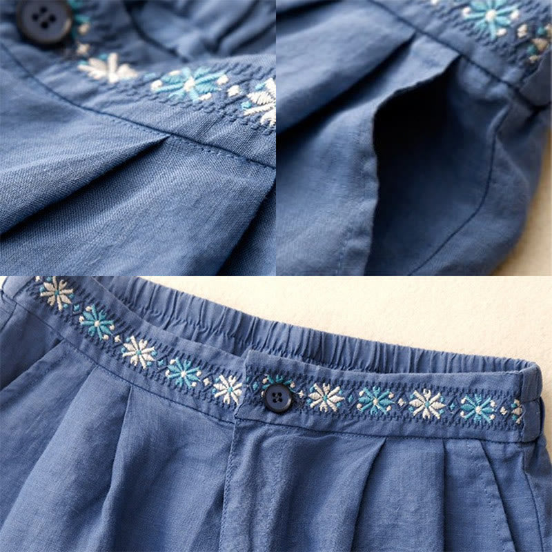 Summer Casual Embroidery Flower Pleated Zipper Button Cotton Linen Women's Shorts With Pockets