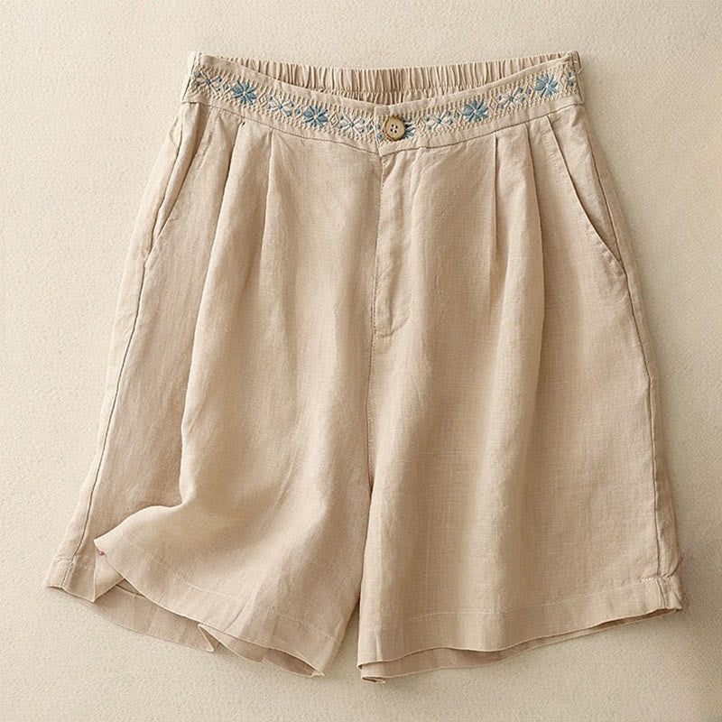 Summer Casual Embroidery Flower Pleated Zipper Button Cotton Linen Women's Shorts With Pockets