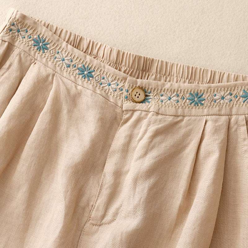 Summer Casual Embroidery Flower Pleated Zipper Button Cotton Linen Women's Shorts With Pockets