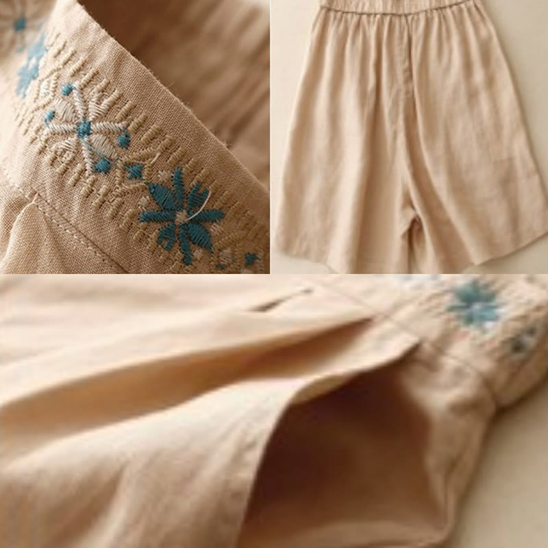 Summer Casual Embroidery Flower Pleated Zipper Button Cotton Linen Women's Shorts With Pockets