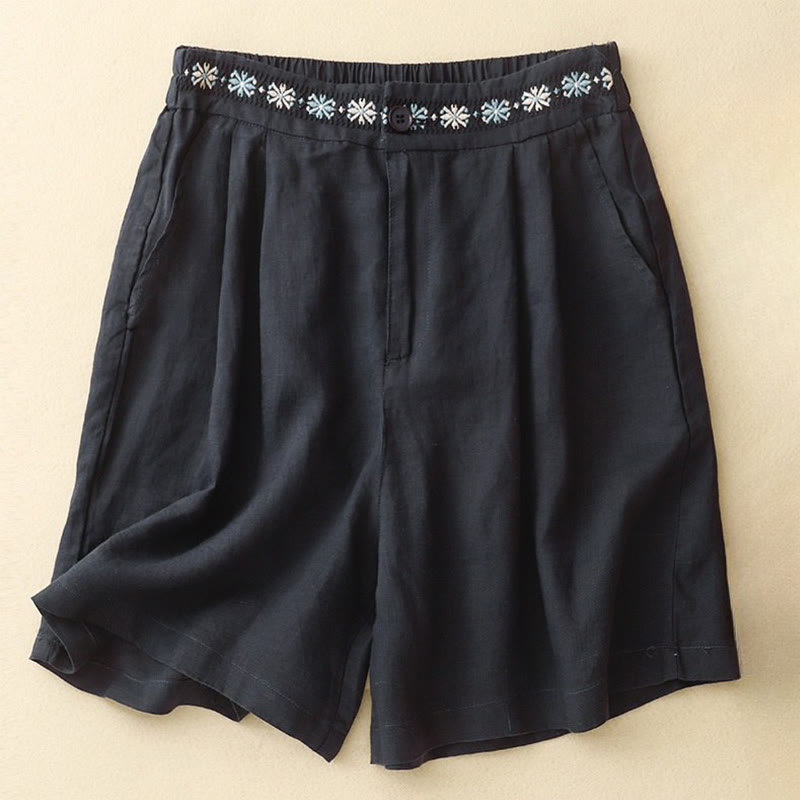 Summer Casual Embroidery Flower Pleated Zipper Button Cotton Linen Women's Shorts With Pockets