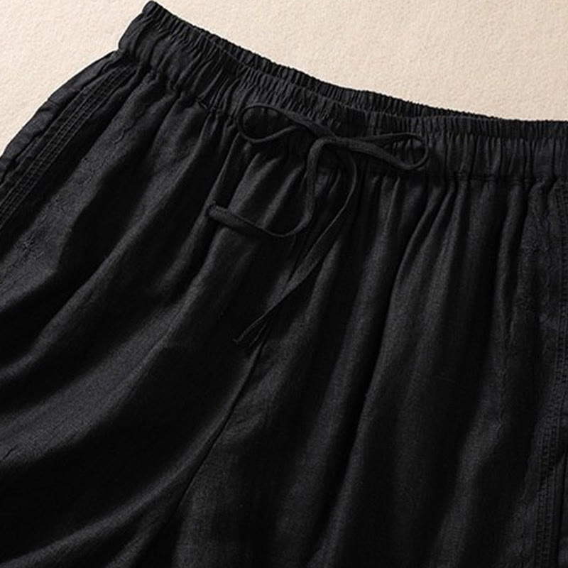Casual Floral Embroidery Pattern Drawstring Cotton Linen Women's Shorts With Pockets