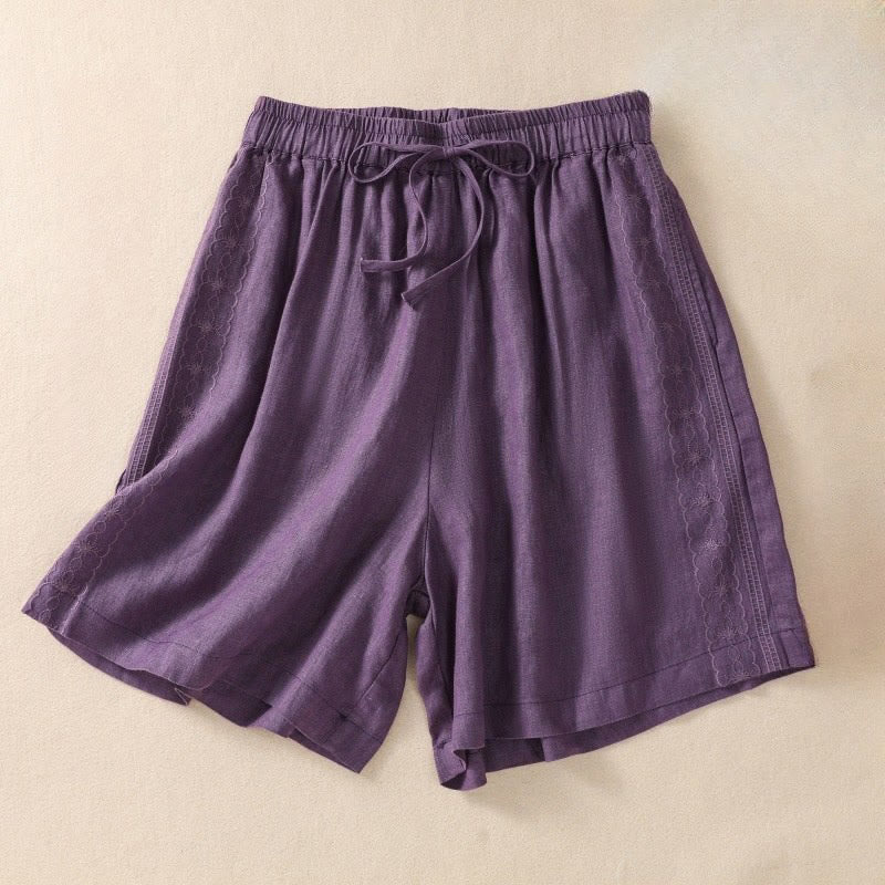 Casual Floral Embroidery Pattern Drawstring Cotton Linen Women's Shorts With Pockets