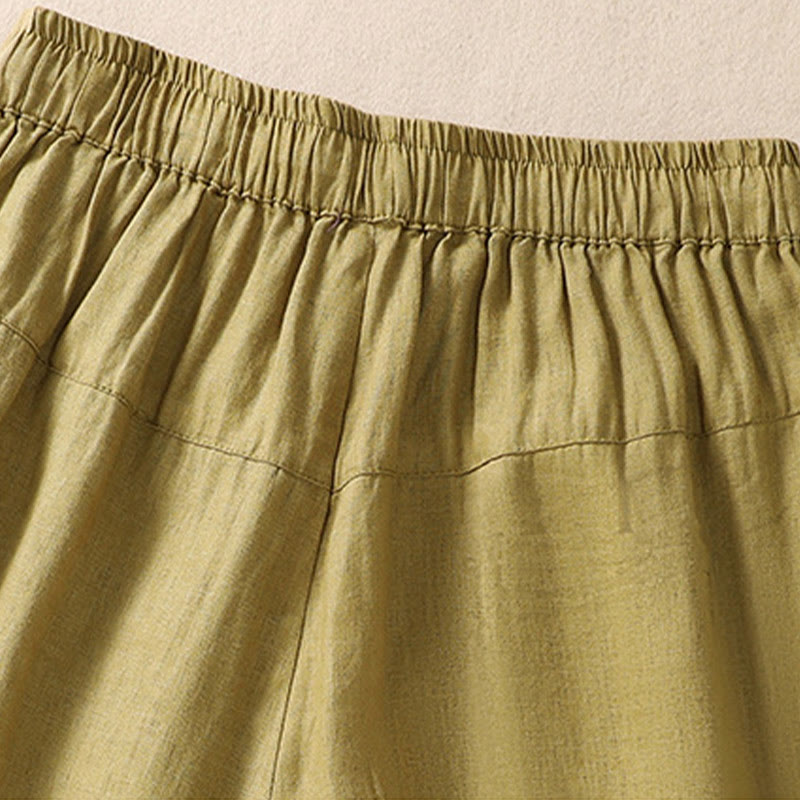 Casual Floral Embroidery Pattern Drawstring Cotton Linen Women's Shorts With Pockets