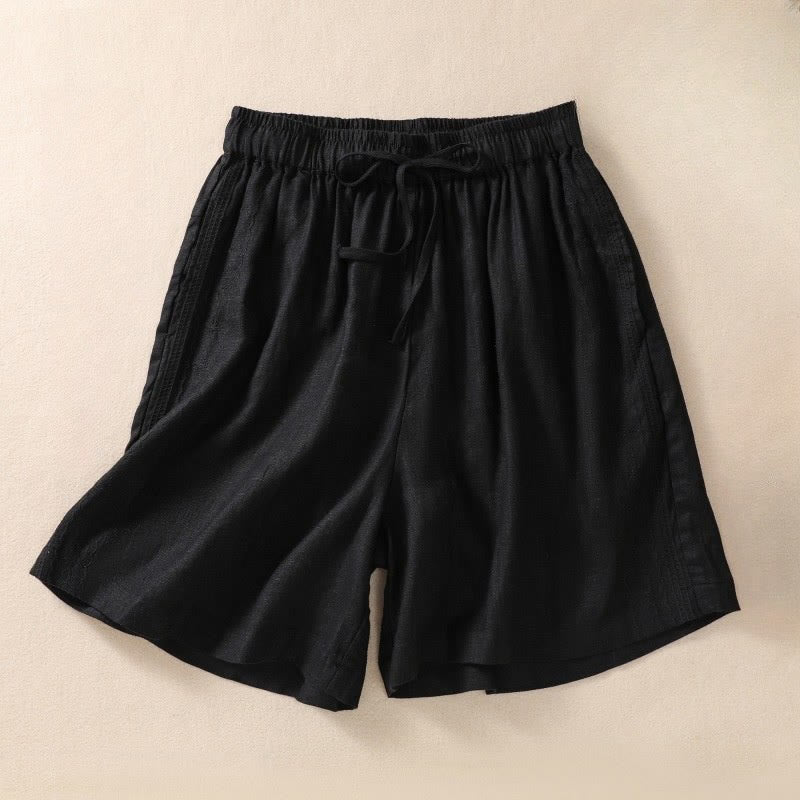 Casual Floral Embroidery Pattern Drawstring Cotton Linen Women's Shorts With Pockets