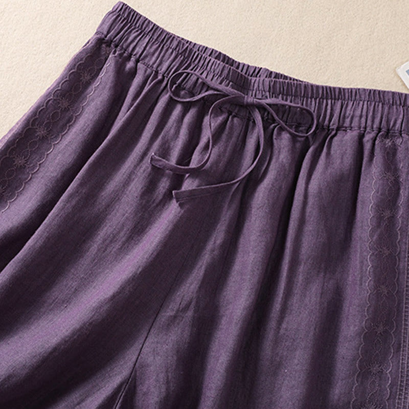 Casual Floral Embroidery Pattern Drawstring Cotton Linen Women's Shorts With Pockets