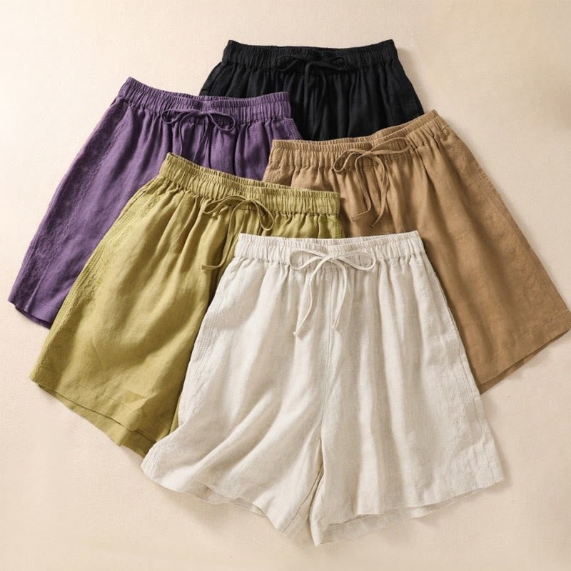 Casual Floral Embroidery Pattern Drawstring Cotton Linen Women's Shorts With Pockets