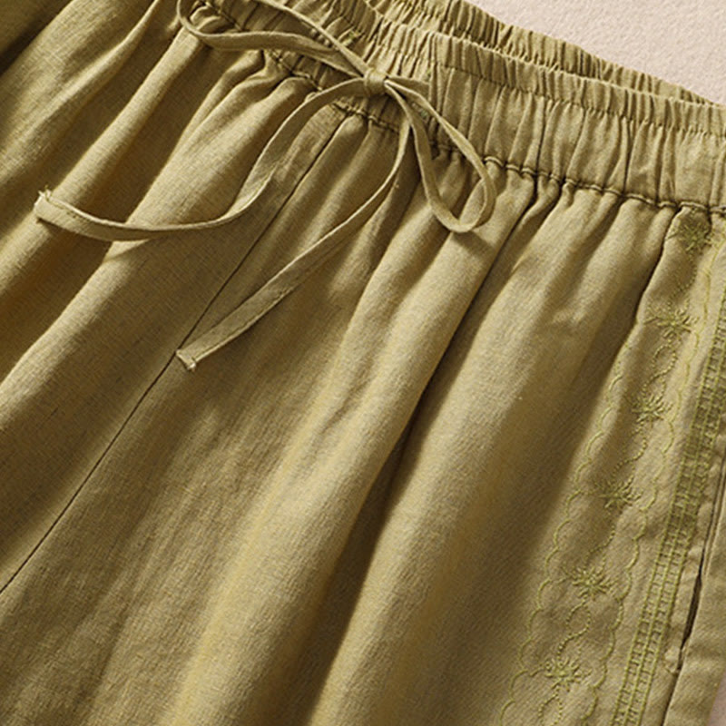 Casual Floral Embroidery Pattern Drawstring Cotton Linen Women's Shorts With Pockets