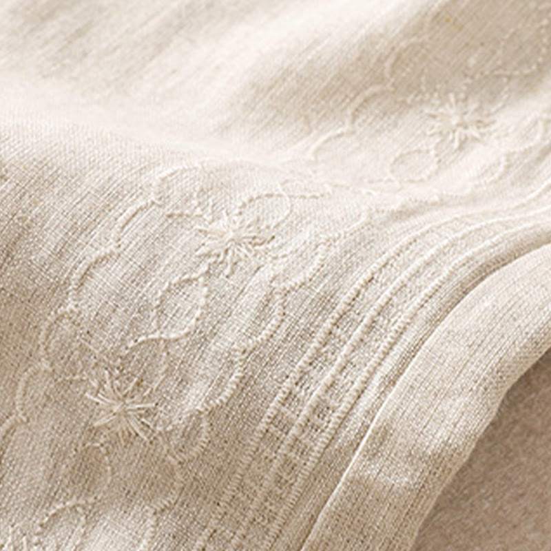 Casual Floral Embroidery Pattern Drawstring Cotton Linen Women's Shorts With Pockets