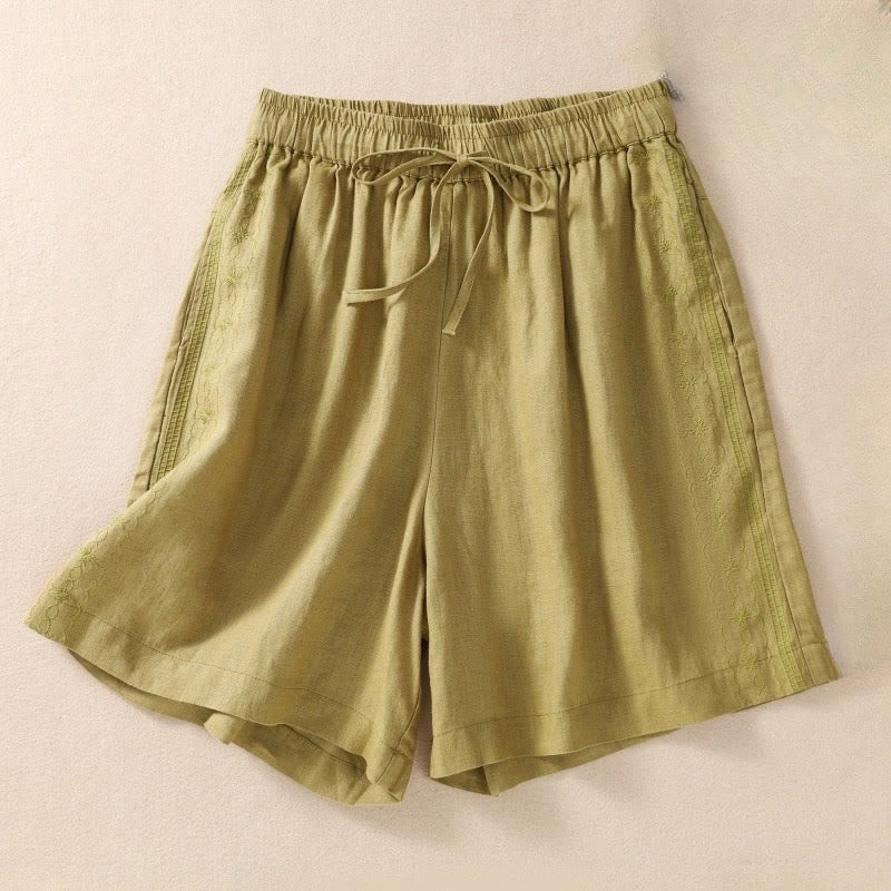 Casual Floral Embroidery Pattern Drawstring Cotton Linen Women's Shorts With Pockets