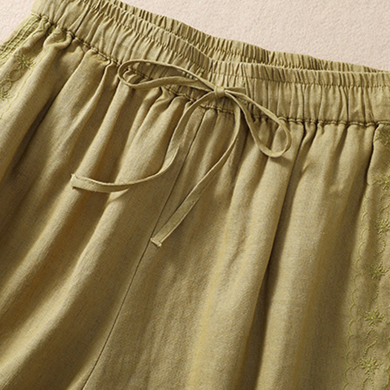 Casual Floral Embroidery Pattern Drawstring Cotton Linen Women's Shorts With Pockets